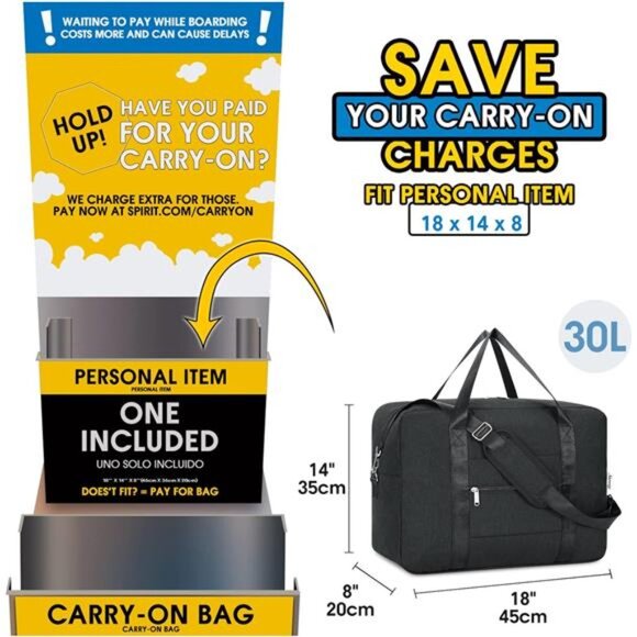 For Spirit Airlines Personal ItemBag 18x14x8 Foldable Travel DuffelBag Underseat - Picture 2 of 7